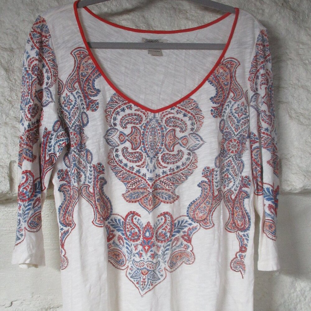 Lucky Brand Orange Blue Paisley Long Sleeve Scoop Neck Shirt Size L